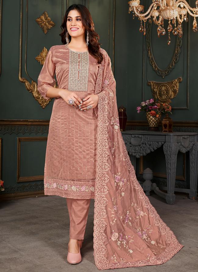 Pure Organza Rose Pink Festival Wear Embroidery Work Straight Suit